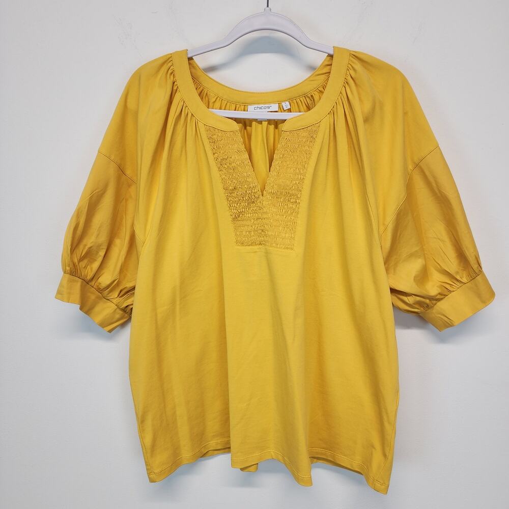 Chicos 3 Smocked Puff Sleeve Peasant Top Size XL Yellow Stretch V-neck Pullover